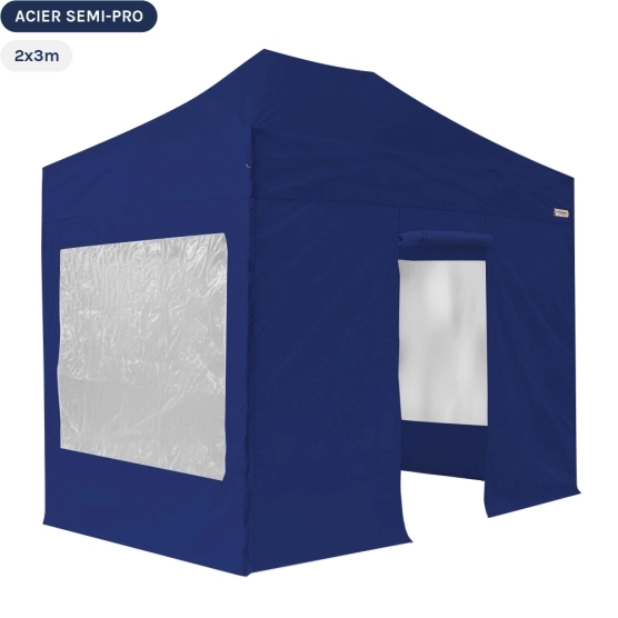 Tente Pliante Tonnelle Acier Semi Pro 2mx3m BLEU avec Pack Fenêtres