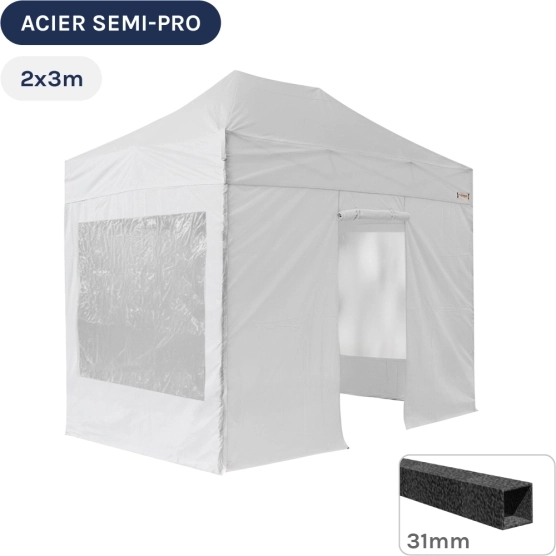 Barnum pliant - Tonnelle Acier Semi Pro 2mx3m BLANC avec Pack Fenêtres