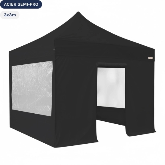 Tente Pliante - Tonnelle Acier Semi Pro 3mx3m NOIR avec Pack Fenêtres