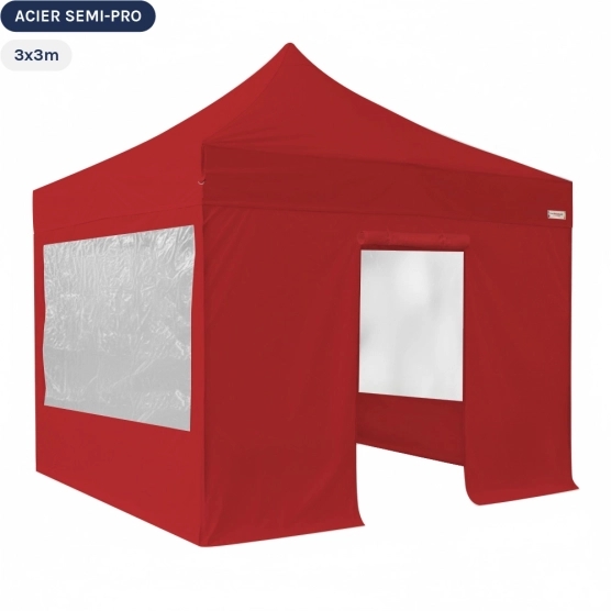 Tente Pliante - Tonnelle Acier Semi Pro 3mx3m ROUGE avec Pack Fenêtres