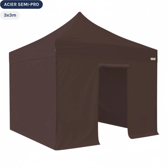 Tente Pliante Tonnelle Acier Semi Pro 3mx3m BRUN CACAO avec Pack 4 Côtés