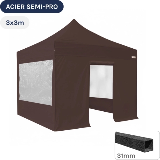 Barnum pliant - Tonnelle Acier Semi Pro 3mx3m BRUN CACAO avec Pack Fenêtres