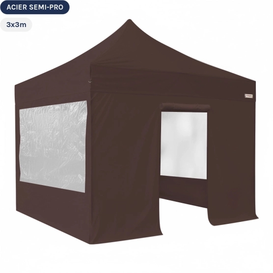 Tente Pliante Tonnelle Acier Semi Pro 3mx3m BRUN CACAO avec Pack Fenêtres