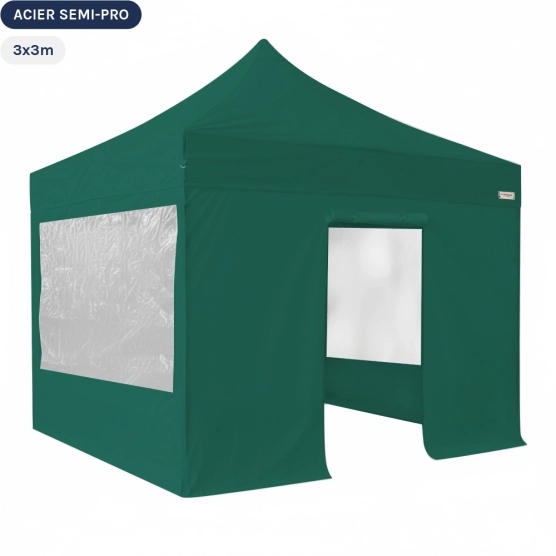 Tente Pliante Tonnelle Acier Semi Pro 3mx3m VERT EMERAUDE avec Pack Fenêtres