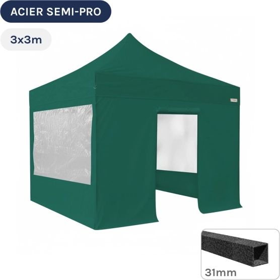 Barnum pliant - Tonnelle Acier Semi Pro 3mx3m VERT EMERAUDE avec Pack Fenêtres
