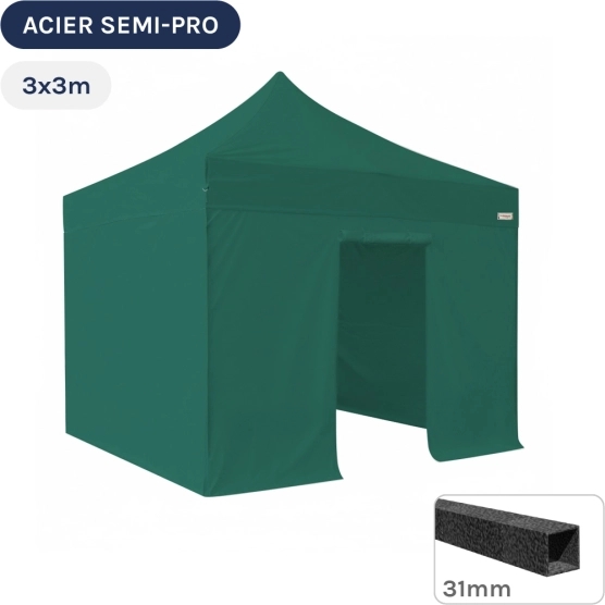 Barnum pliant - Tonnelle Acier Semi Pro 3mx3m VERT EMERAUDE avec Pack 4 Côtés