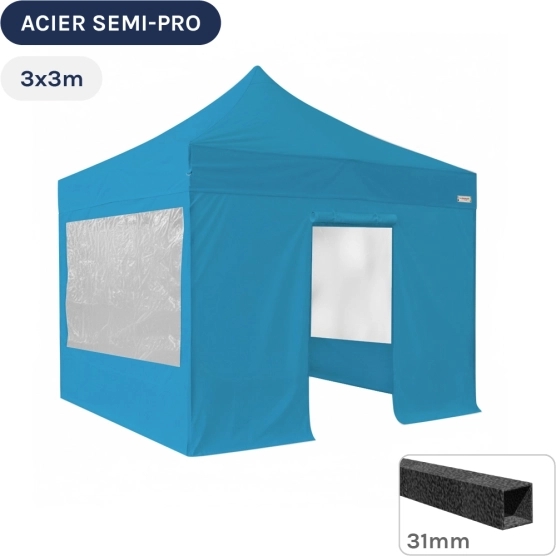 Barnum pliant - Tonnelle Acier Semi Pro 3mx3m BLEU AZUR avec Pack Fenêtres