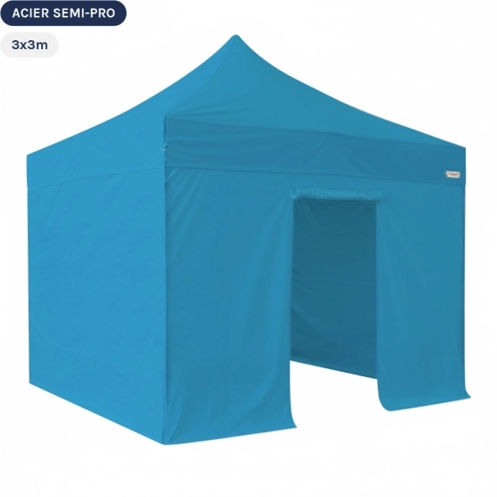 Tente Pliante - Tonnelle Acier Semi Pro 3mx3m BLEU AZUR avec Pack 4 Côtés