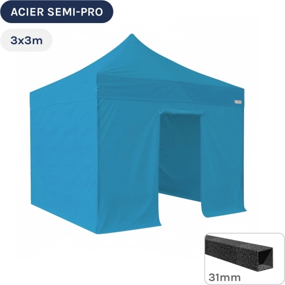 Barnum pliant - Tonnelle Acier Semi Pro 3mx3m BLEU AZUR avec Pack 4 Côtés