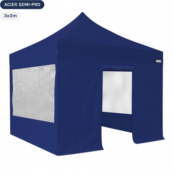 Tente Pliante Tonnelle Acier Semi Pro 3mx3m BLEU avec Pack Fenêtres