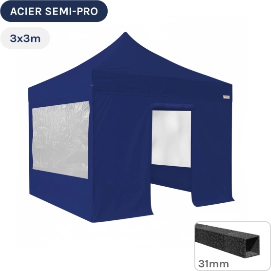Barnum pliant - Tonnelle Acier Semi Pro 3mx3m BLEU avec Pack Fenêtres