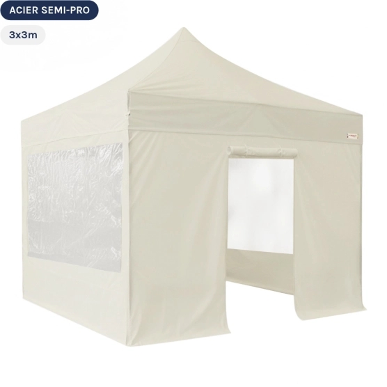 Tente Pliante Tonnelle Acier Semi Pro 3mx3m BEIGE avec Pack Fenêtres