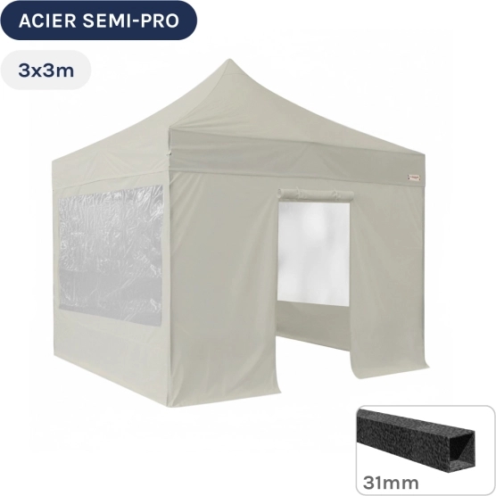 Barnum pliant - Tonnelle Acier Semi Pro 3mx3m BEIGE avec Pack Fenêtres