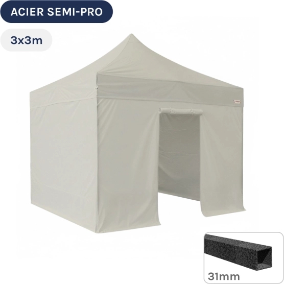 Barnum pliant - Tonnelle Acier Semi Pro 3mx3m BEIGE avec Pack 4 Côtés