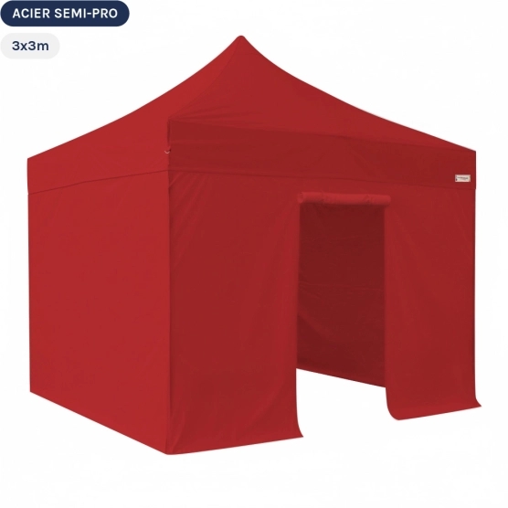 Tente Pliante Tonnelle Acier Semi Pro 3mx3m ROUGE avec Pack 4 Côtés