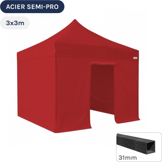 Barnum pliant - Tonnelle Acier Semi Pro 3mx3m ROUGE avec Pack 4 Côtés