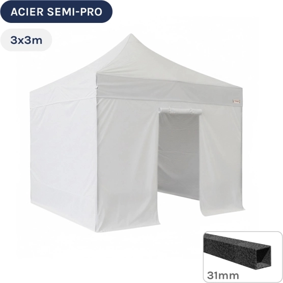 Barnum pliant - Tonnelle Acier Semi Pro 3mx3m BLANC avec Pack 4 Côtés