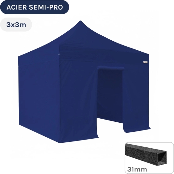 Barnum pliant - Tonnelle Acier Semi Pro 3mx3m BLEU avec Pack 4 Côtés