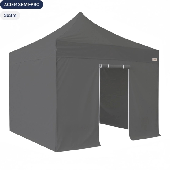 Tente Pliante Tonnelle Acier Semi Pro 3mx3m GRIS avec Pack 4 Côtés