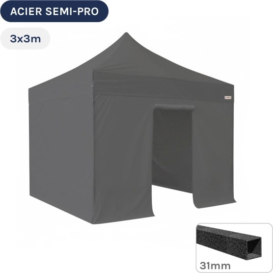 Barnum pliant - Tonnelle Acier Semi Pro 3mx3m GRIS avec Pack 4 Côtés