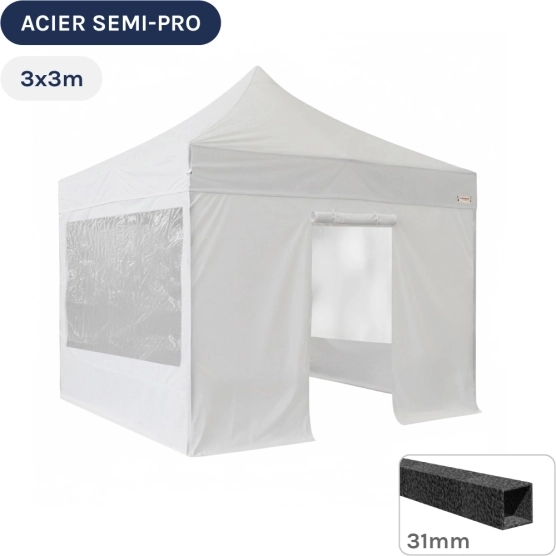 Barnum pliant - Tonnelle Acier Semi Pro 3mx3m BLANC avec Pack Fenêtres