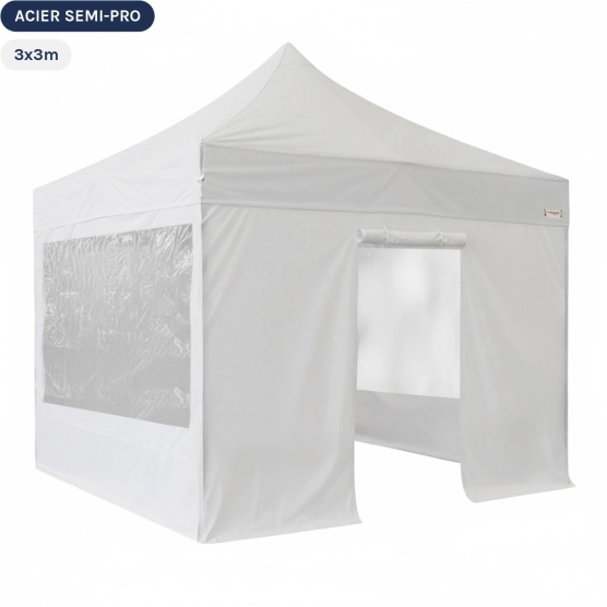 Tente Pliante Tonnelle Acier Semi Pro 3mx3m BLANC avec Pack Fenêtres