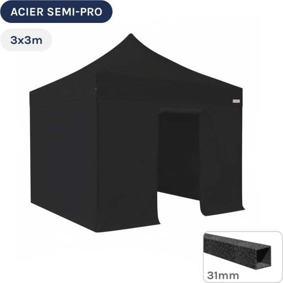 Barnum pliant - Tonnelle Acier Semi Pro 3mx3m NOIR avec Pack 4 Côtés
