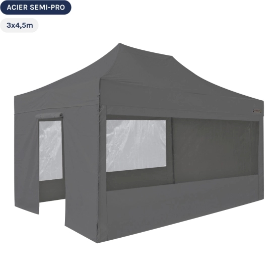 Tente Pliante Tonnelle Acier Semi Pro 3mx4,5m GRIS avec Pack Fenêtres