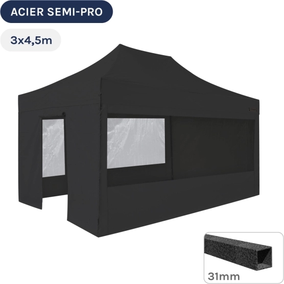 Barnum pliant - Tonnelle Acier Semi Pro 3mx4,5m NOIR avec Pack Fenêtres