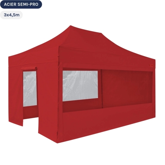 Tente Pliante Tonnelle Acier Semi Pro 3mx4,5m ROUGE avec Pack Fenêtres