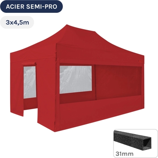 Barnum pliant - Tonnelle Acier Semi Pro 3mx4,5m ROUGE avec Pack Fenêtres