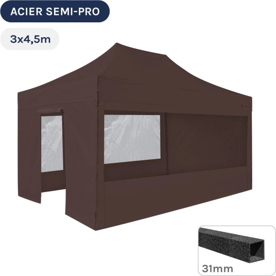 Barnum pliant - Tonnelle Acier Semi Pro 3mx4,5m BRUN CACAO avec Pack Fenêtres