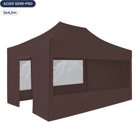 Tente Pliante Tonnelle Acier Semi Pro 3mx4,5m BRUN CACAO avec Pack Fenêtres