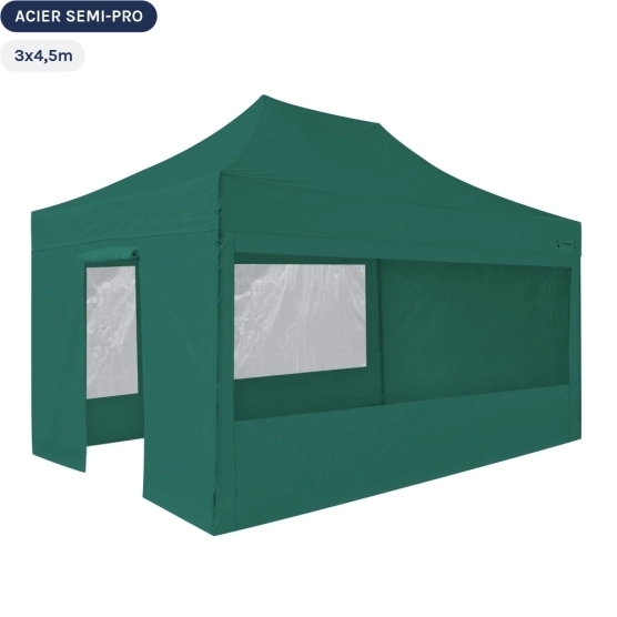 Tente Pliante Tonnelle Acier Semi Pro 3mx4,5m VERT EMERAUDE avec Pack Fenêtres