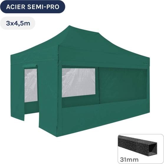 Barnum pliant - Tonnelle Acier Semi Pro 3mx4,5m VERT EMERAUDE avec Pack Fenêtres