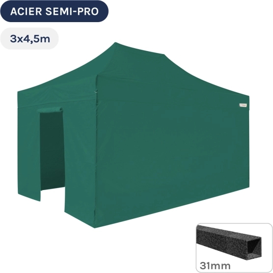 Barnum pliant - Tonnelle Acier Semi Pro 3mx4,5m VERT EMERAUDE avec Pack 4 Côtés