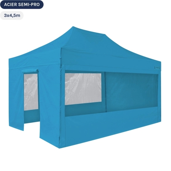 Tente Pliante Tonnelle Acier Semi Pro 3mx4,5m BLEU AZUR avec Pack Fenêtres