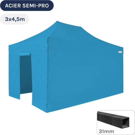 Barnum pliant - Tonnelle Acier Semi Pro 3mx4,5m BLEU AZUR avec Pack 4 Côtés