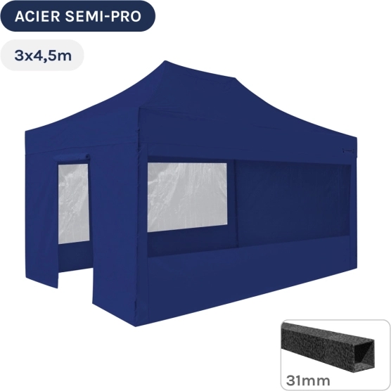 Barnum pliant - Tonnelle Acier Semi Pro 3mx4,5m BLEU avec Pack Fenêtres
