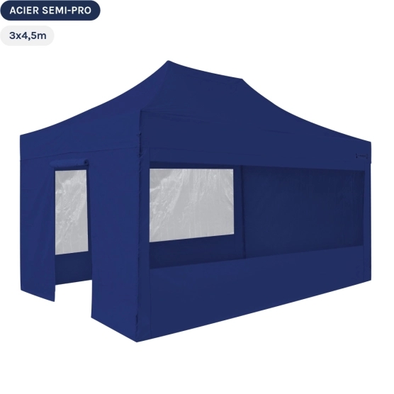 Tente Pliante Tonnelle Acier Semi Pro 3mx4,5m BLEU avec Pack Fenêtres