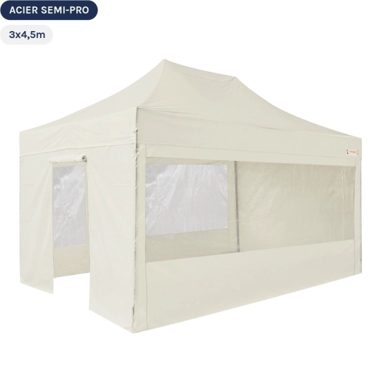 Tente Pliante Tonnelle Acier Semi Pro 3mx4,5m BEIGE avec Pack Fenêtres