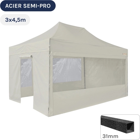 Barnum pliant - Tonnelle Acier Semi Pro 3mx4,5m BEIGE avec Pack Fenêtres
