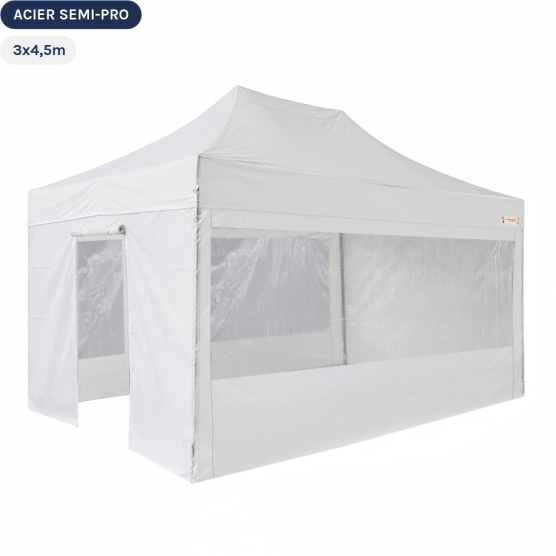 Tente Pliante Tonnelle Acier Semi Pro 3mx4,5m BLANC avec Pack Fenêtres
