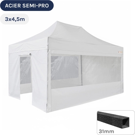 Barnum pliant - Tonnelle Acier Semi Pro 3mx4,5m BLANC avec Pack Fenêtres