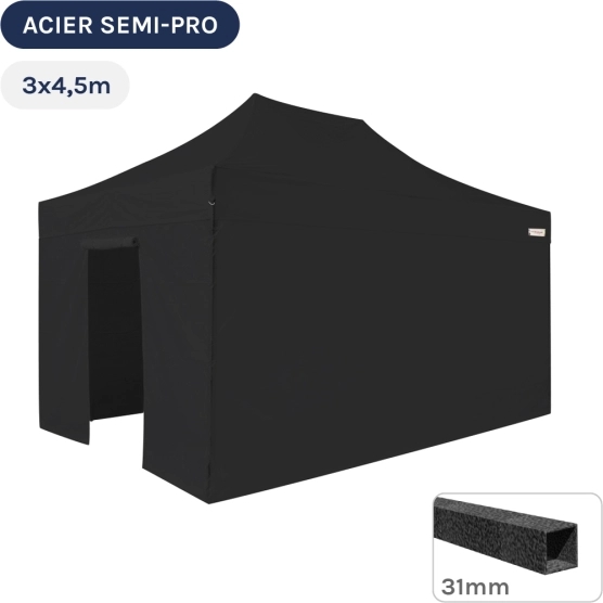 Barnum pliant - Tonnelle Acier Semi Pro 3mx4,5m NOIR avec Pack 4 Côtés