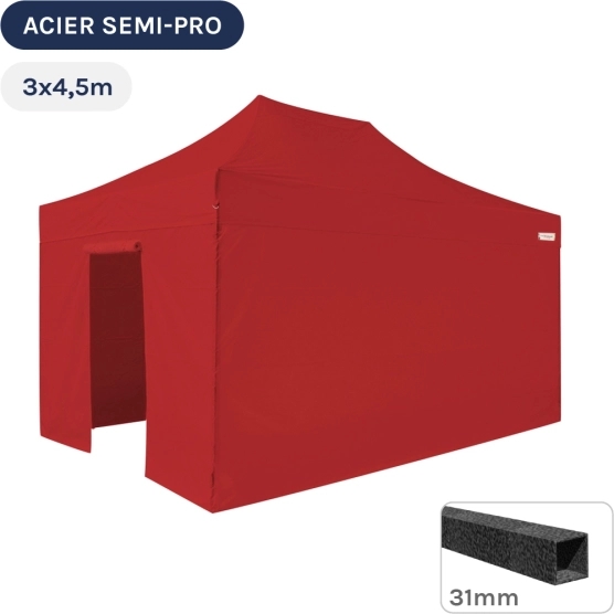 Barnum pliant - Tonnelle Acier Semi Pro 3mx4,5m ROUGE avec Pack 4 Côtés