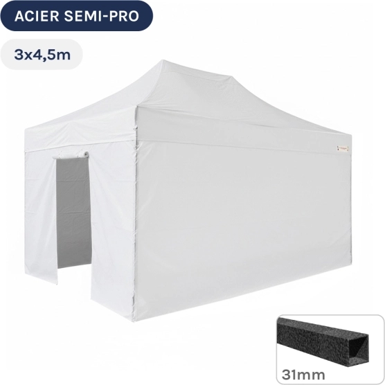 Barnum pliant - Tonnelle Acier Semi Pro 3mx4,5m BLANC avec Pack 4 Côtés
