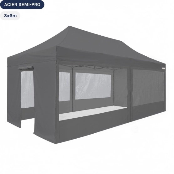 Tente Pliante Tonnelle Acier Semi Pro 3mx6m GRIS avec Pack Fenêtres