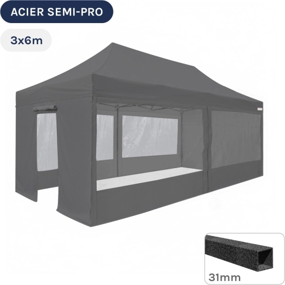 Barnum pliant - Tonnelle Acier Semi Pro 3mx6m GRIS avec Pack Fenêtres