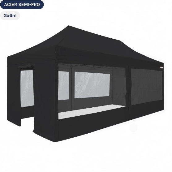 Tente Pliante Tonnelle Acier Semi Pro 3mx6m NOIR avec Pack Fenêtres